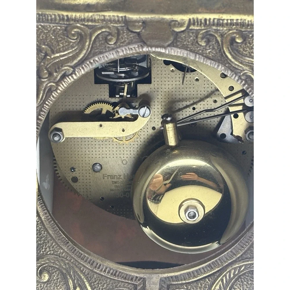 Antique Franz Hermle Ornate Brass Mantel Clock Mechanical 130-070 Roman Numerals